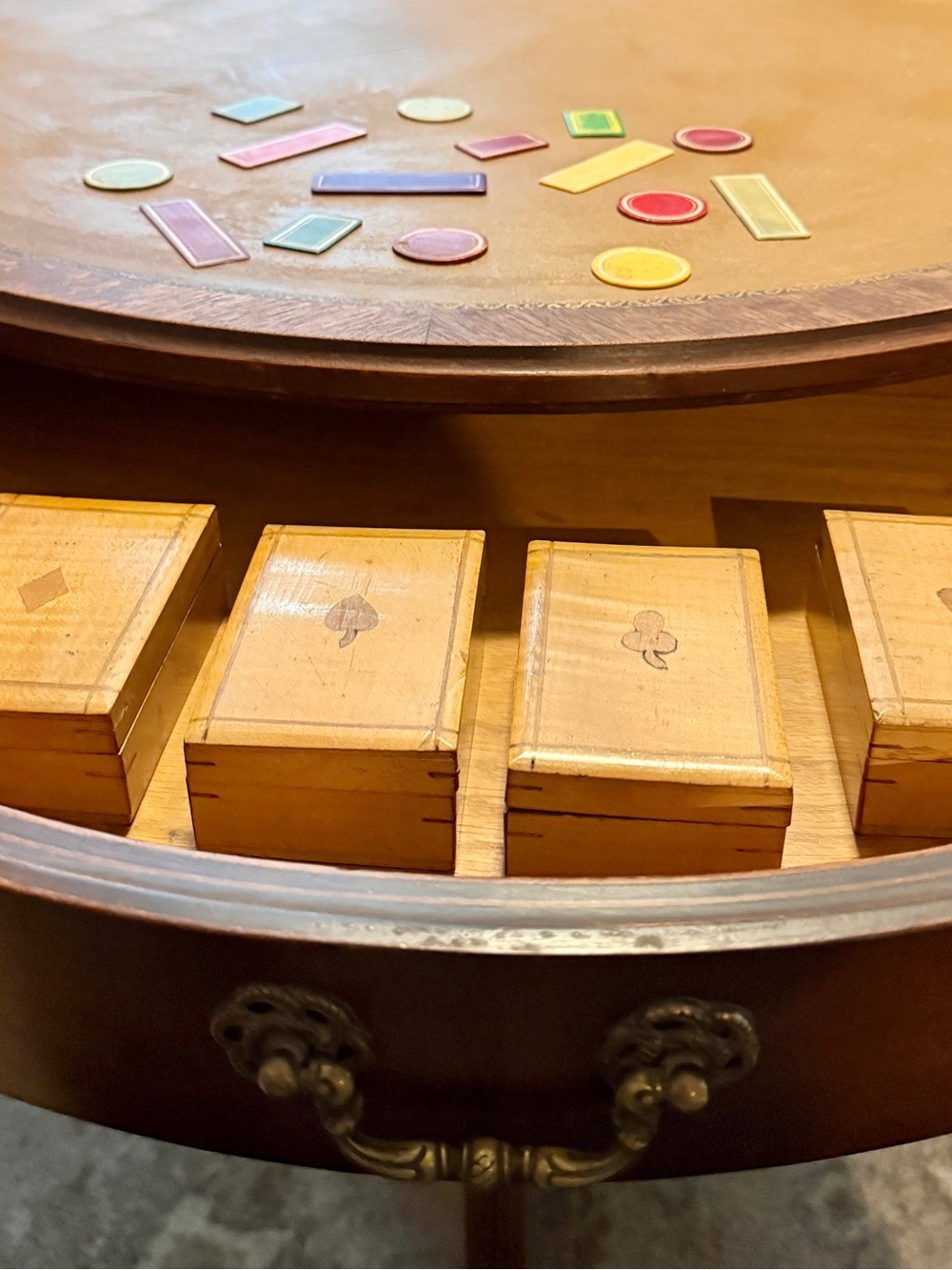 Antique Four Suit Gaming Counter Set w/ Handcrafted Birch Wood Boxes